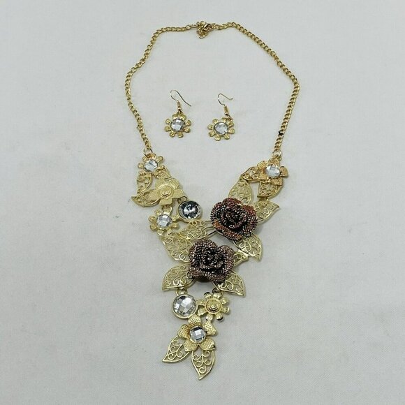 Rose Flower Necklace Earrings Matching Set Statement Gold Tone Chunky Retro Big - Picture 1 of 12